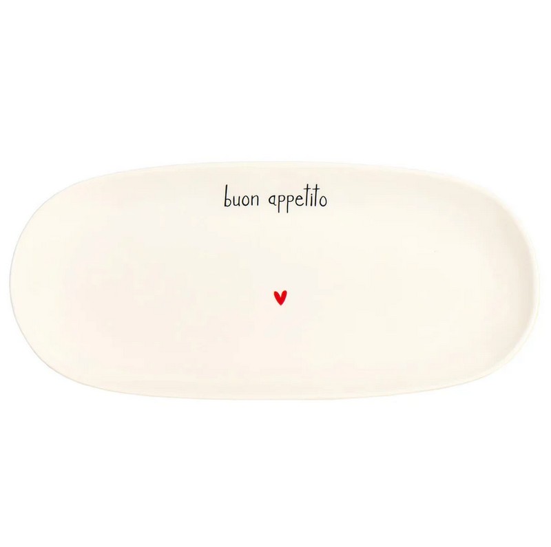 Piatto da portata ovale in ceramica bianca decorato con scritta “Buon appetito” e cuore, utilizzabile anche come vassoio o centrotavola